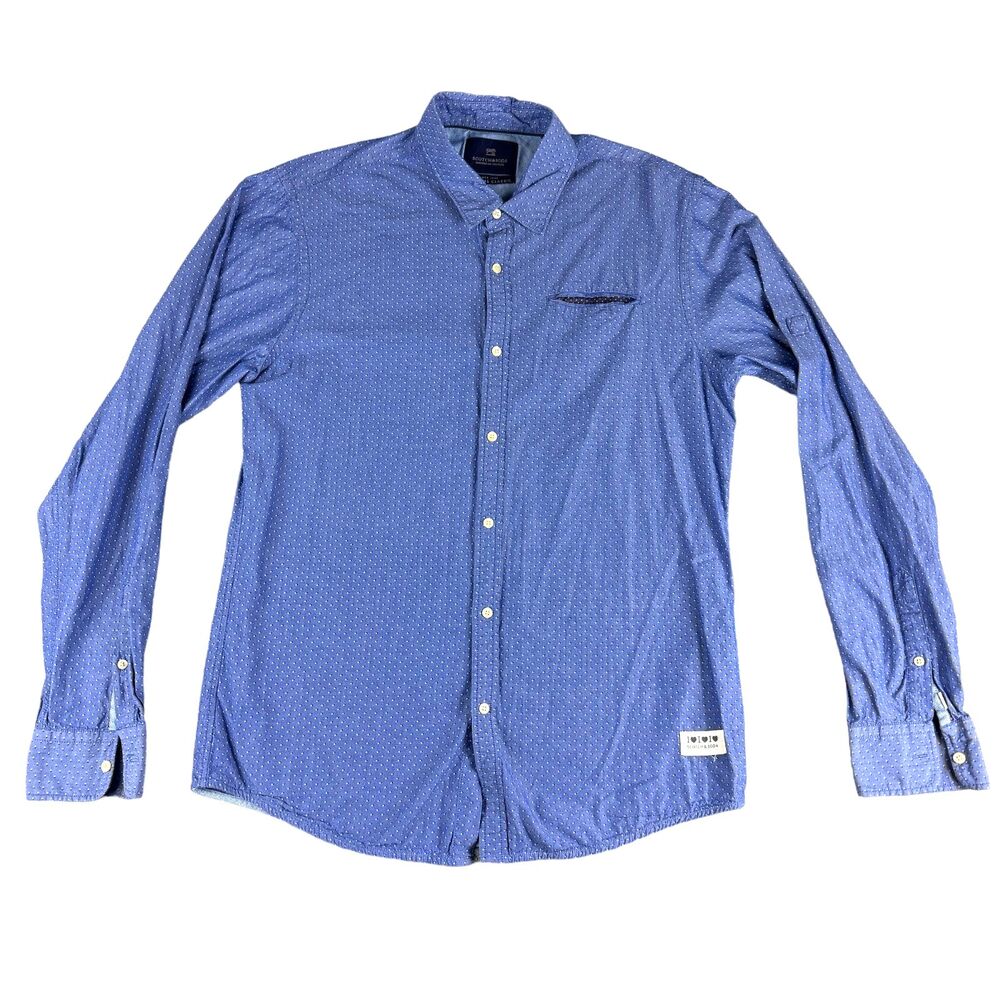 Scotch & Soda Shirt Men's Large Blue Classic Polka Dot Long Sleeve Button Up Top